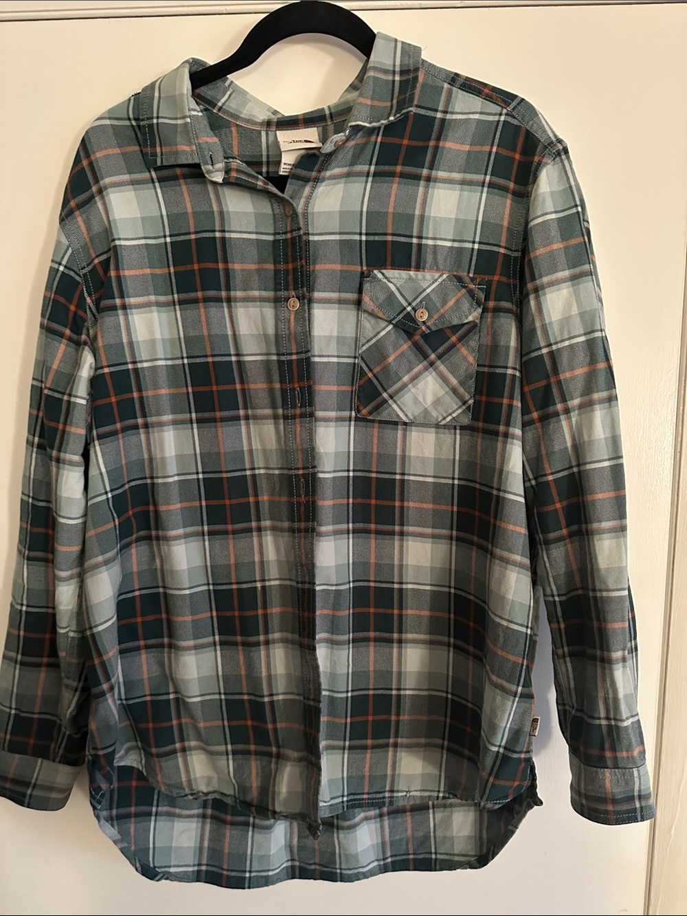 The North Face Green and Gray Plaid Shirt Jacket with Orange Trim